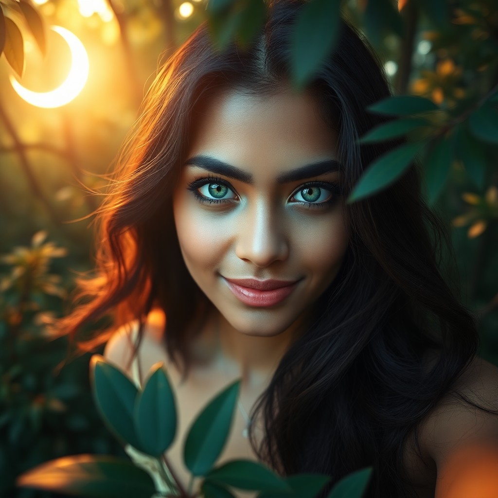 AI generated art for prompt: A captivating hyperrealistic portrait of a young South Asian woman with mesmerizing emerald eyes and