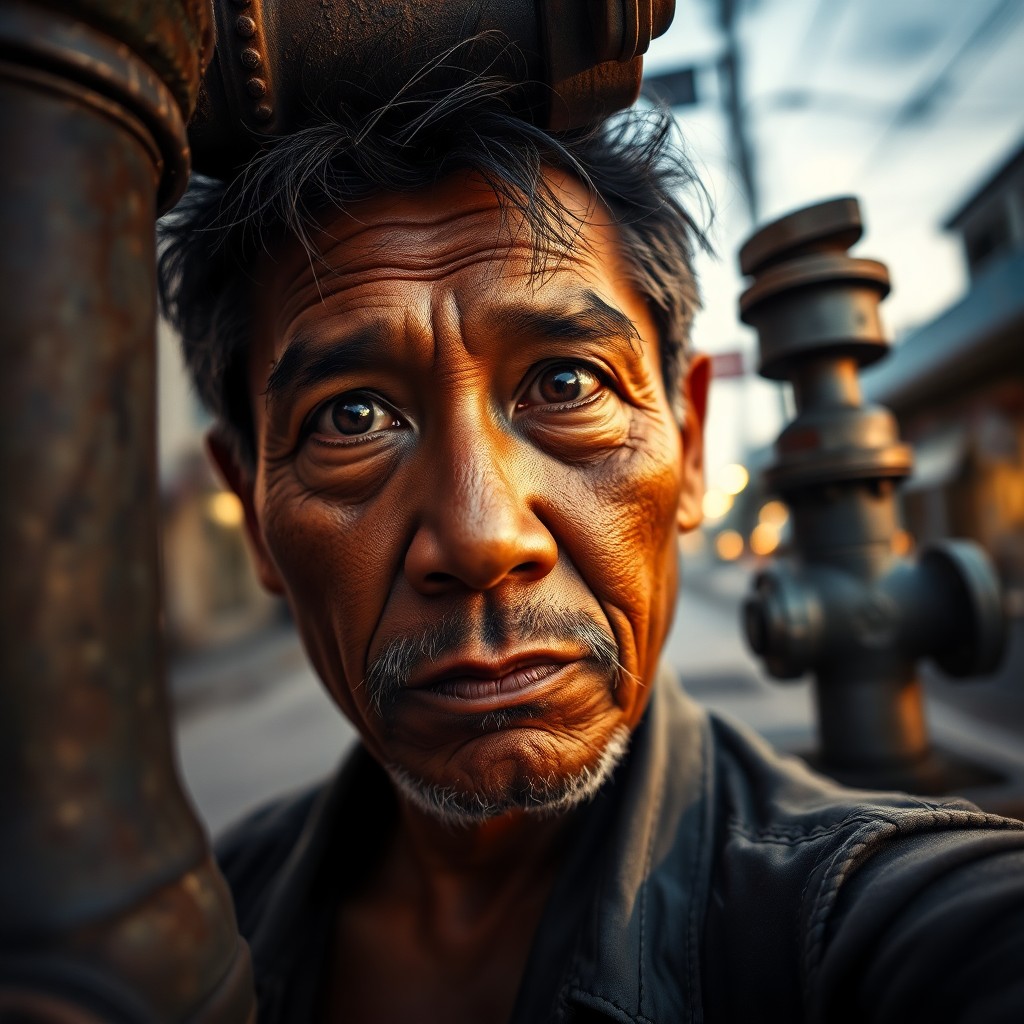 AI generated art for prompt: A photorealistic portrait photograph captures a middle-aged Micronesian man's rugged features and de