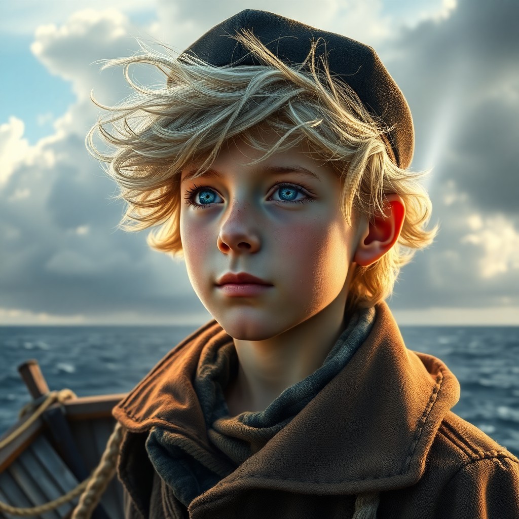 AI generated art for prompt: Craft a photorealistic portrait of a rugged boy with sun-kissed skin and tender blue eyes, his face 