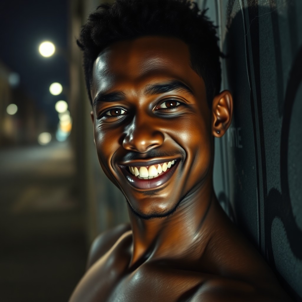 AI generated art for prompt: A hyperrealistic portrait of a young African-American Micronesian man with an intense gaze and beami