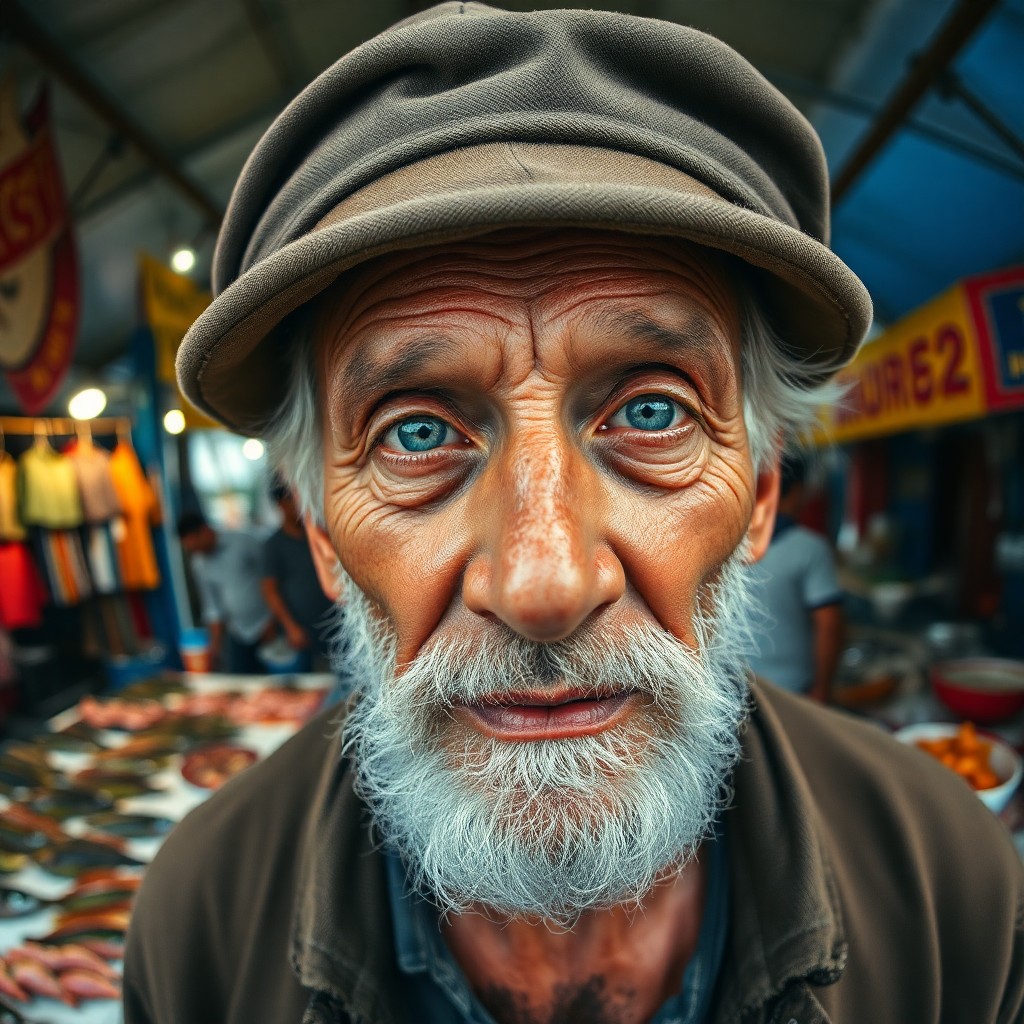 AI generated art for prompt: Craft a photorealistic portrait featuring an intimate close-up of an elderly fisherman with weathere