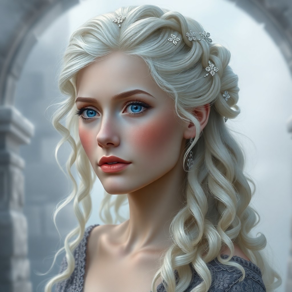 AI generated art for prompt: Create a high-resolution digital painting featuring a Nordic woman with tranquil blue eyes and long,