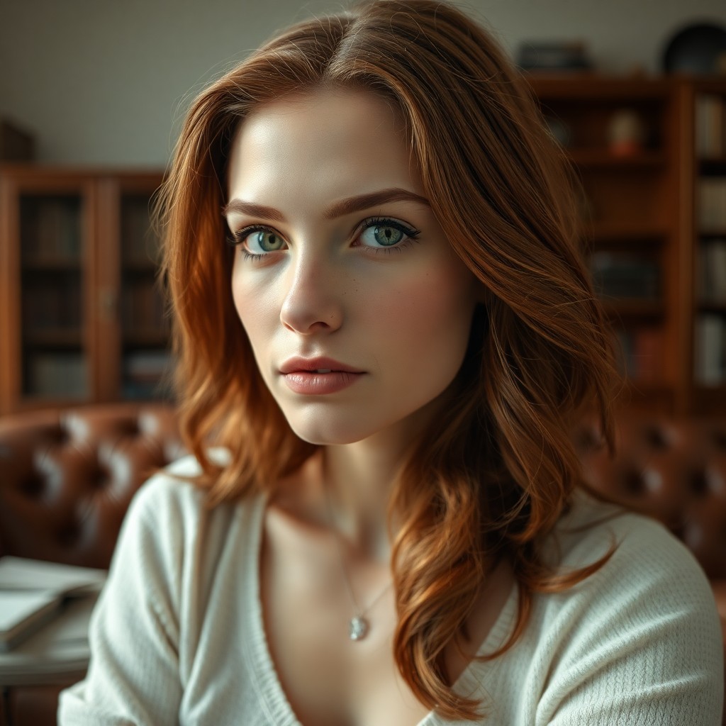 AI generated art for prompt: Craft a captivating fine art portrait of an Eastern European woman with kind green eyes and cascadin