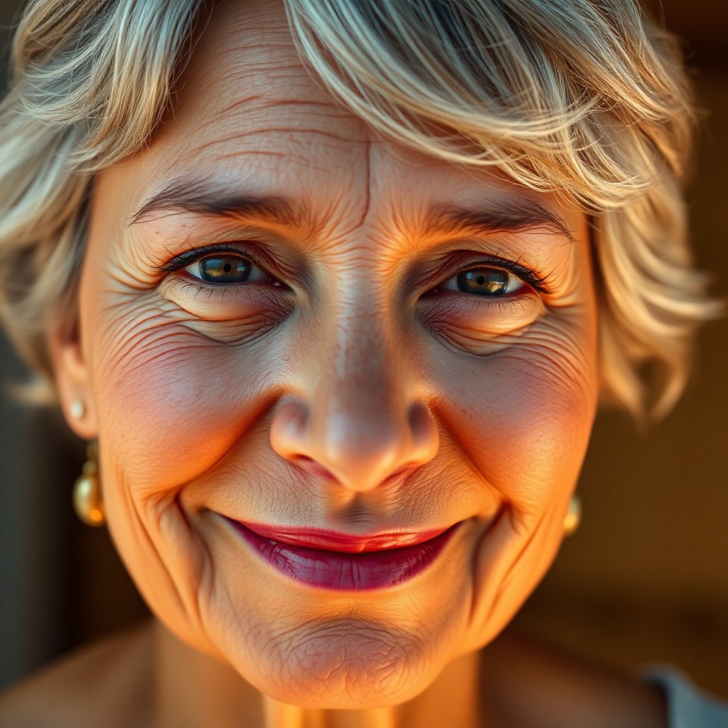 AI generated art for prompt: A middle-aged Hispanic woman with short, wavy silver hair and a kind expression is captured in an in