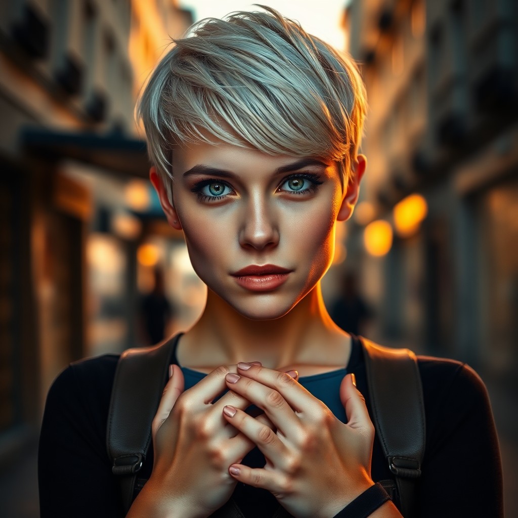 AI generated art for prompt: A highly detailed portrait showcases a young Eastern European woman with a pixie-cut platinum blonde