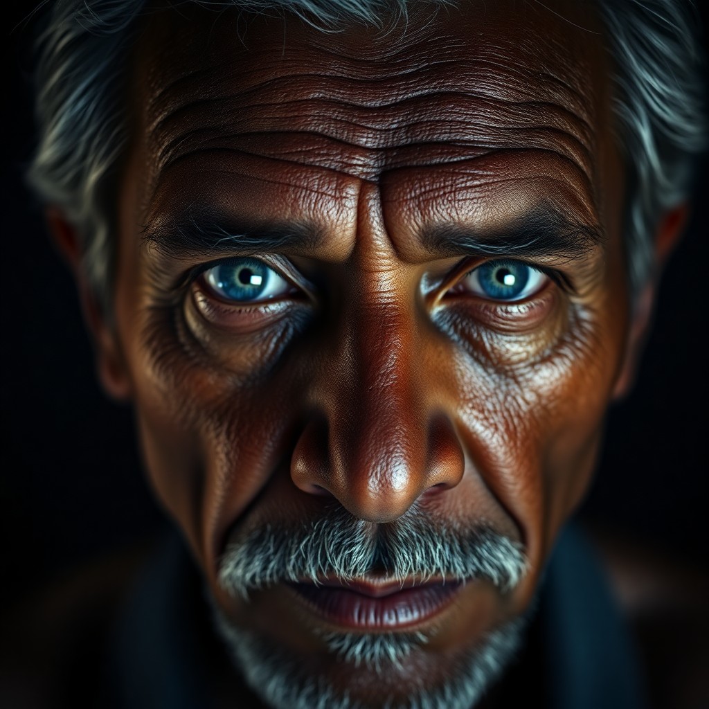 AI generated art for prompt: A super-realistic portrait captures the intense gaze of a 45-year-old Melanesian man with melancholi