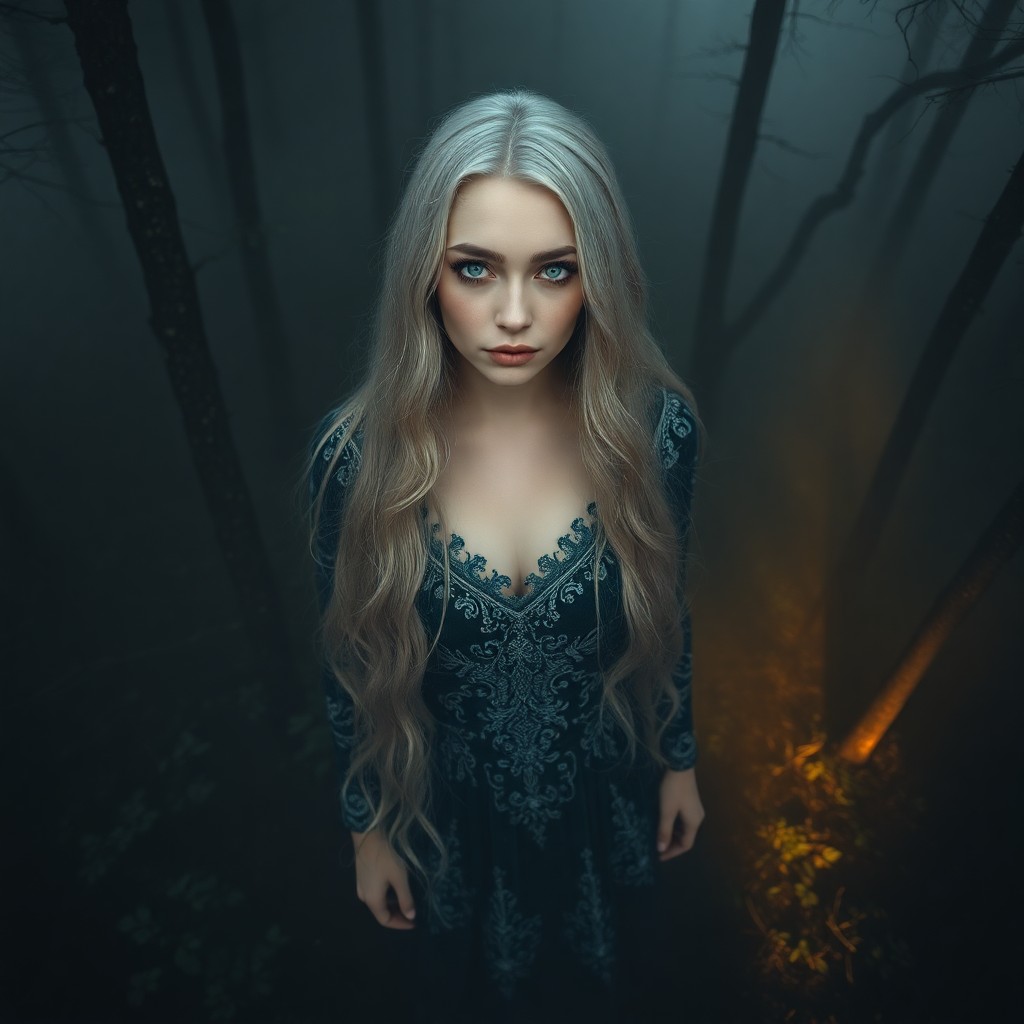 AI generated art for prompt: A hauntingly beautiful Eastern European woman emerges from a dense foggy forest at dawn. Her long si