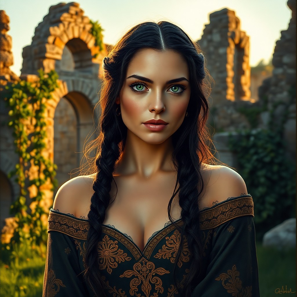 AI generated art for prompt: Craft an intimate oil painting portrait of a Celtic woman with emerald eyes and braided raven hair. 