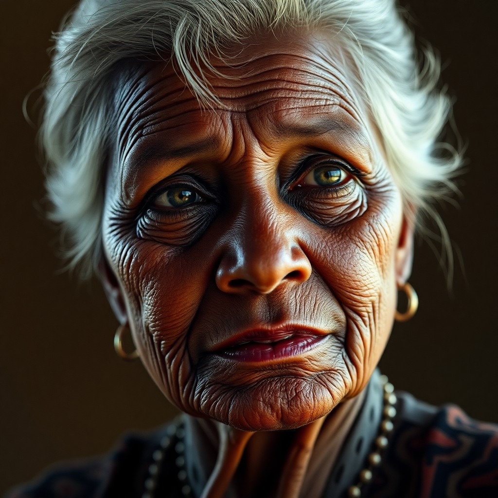 AI generated art for prompt: A captivating photorealistic portrait of an older Aboriginal woman with a serene expression and kind