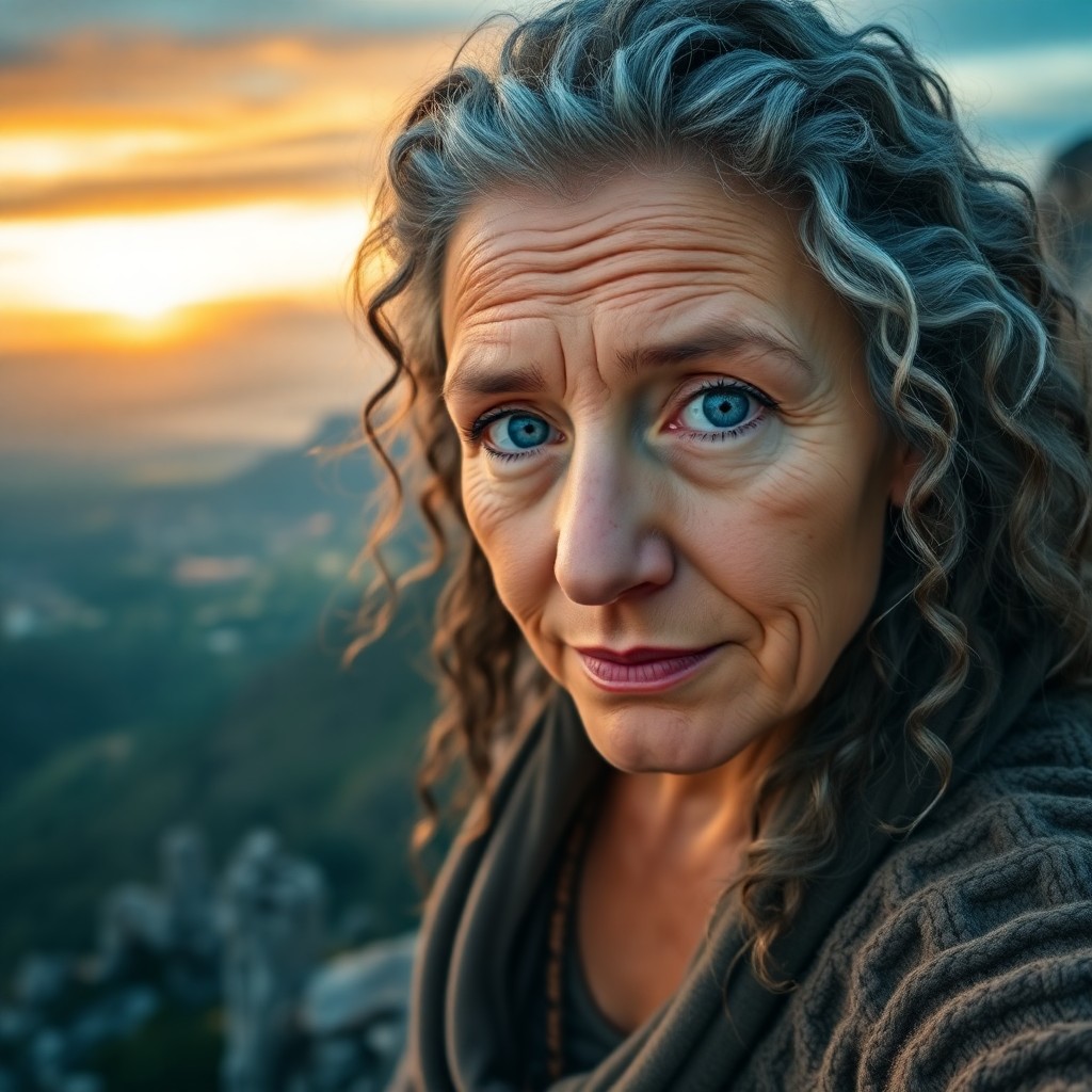 AI generated art for prompt: A DSLR captures a portrait of an old-fashioned middle-aged Western European woman with long, curly g