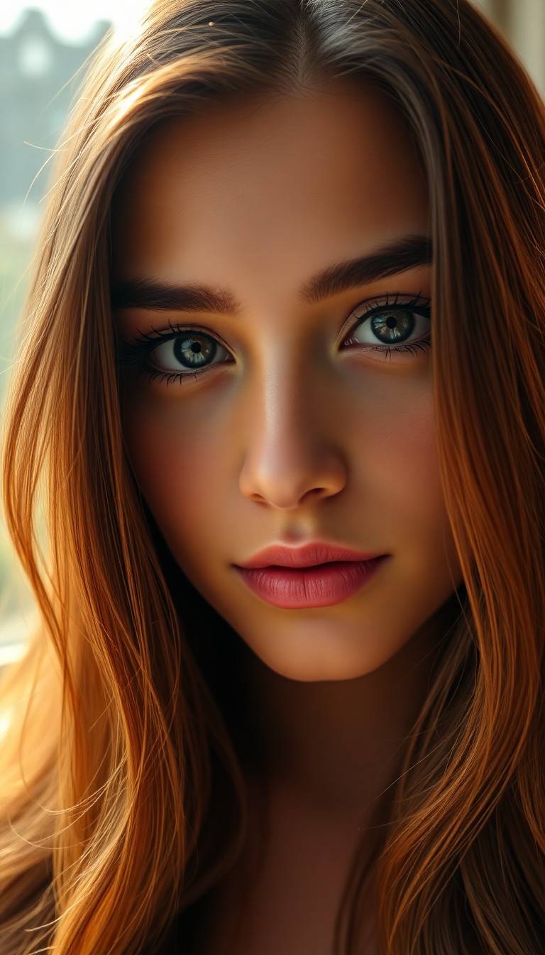 AI generated art for prompt: Visualize an enchanting close-up portrait of a young Hispanic woman with long, flowing hair in deep 