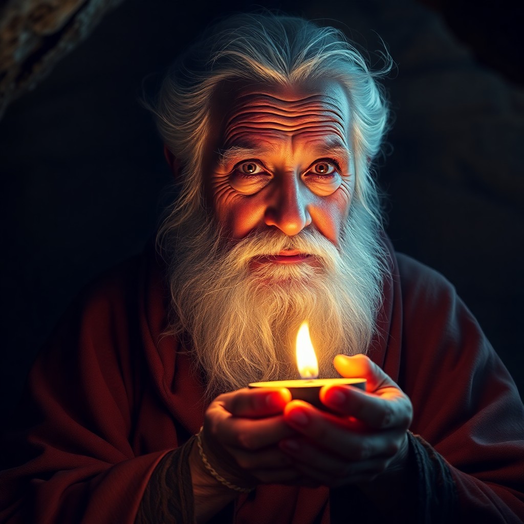 AI generated art for prompt: Envision an ultrarealistic portrait of a serene-faced wise old hermit, illuminated by the soft glow 