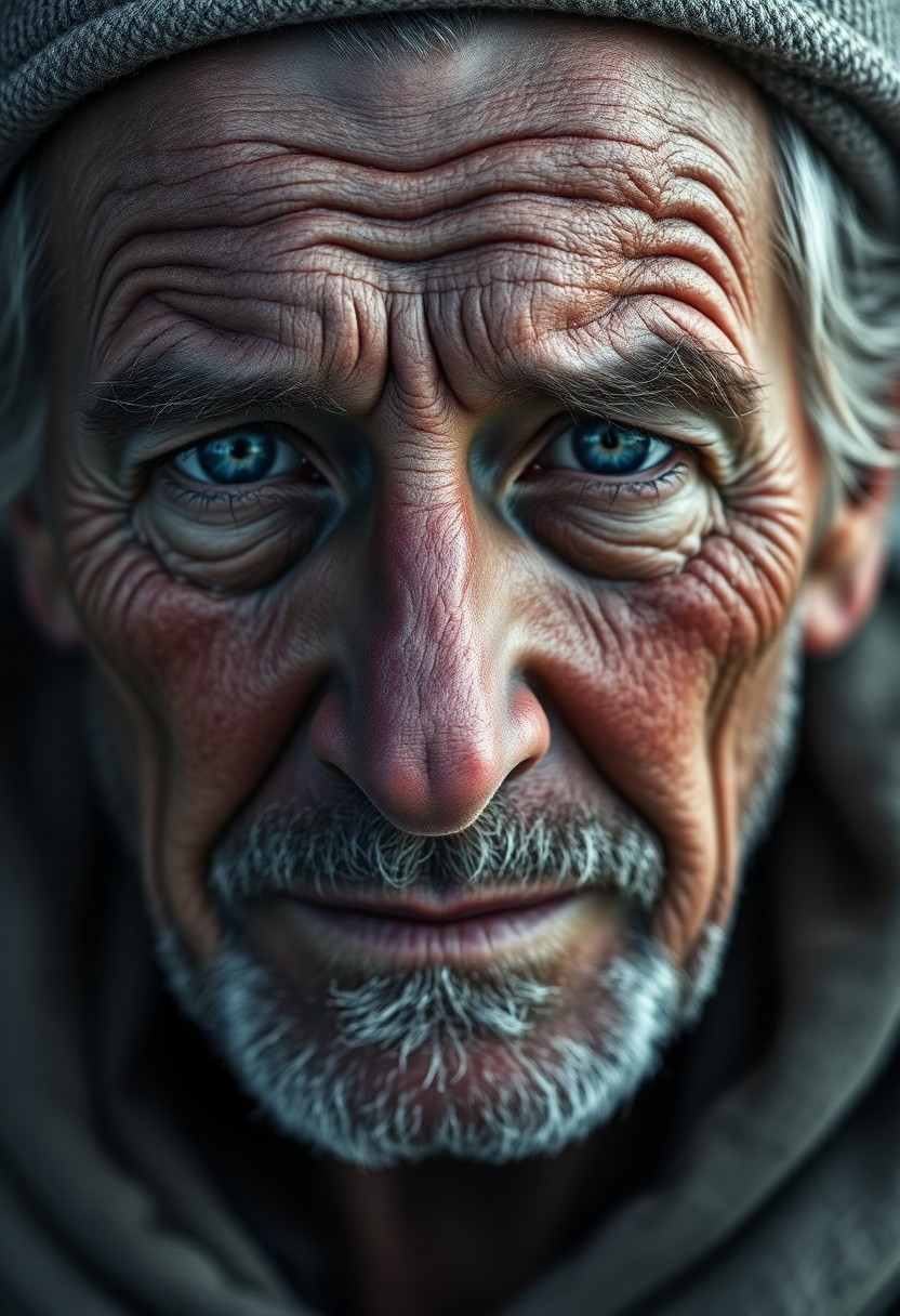 AI generated art for prompt: Create a close-up portrait of an aged sailor, his weary blue eyes reflecting a life spent on the oce