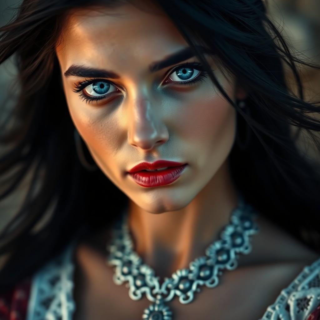 AI generated art for prompt: A photorealistic portrait of a young Mediterranean woman with misty blue eyes and flowing jet-black 