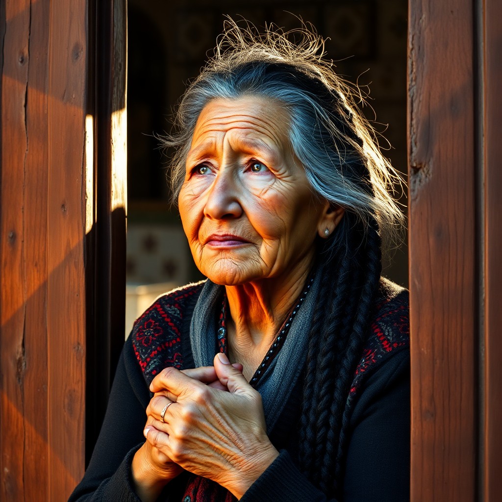 AI generated art for prompt: Craft a photorealistic portrait with an iPhone, showcasing an elderly Andean woman's rugged features