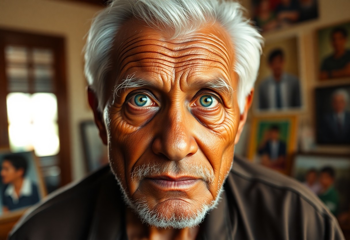 AI generated art for prompt: A photorealistic portrait of an elderly Micronesian man showcases deep wrinkles and bright green eye