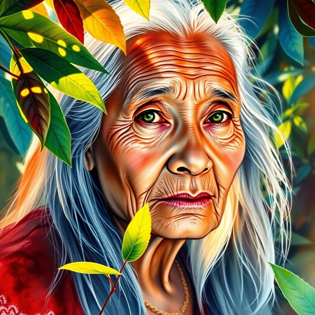 AI generated art for prompt: Craft a vibrant watercolor portrait of an elderly Micronesian woman, her face etched with age and il