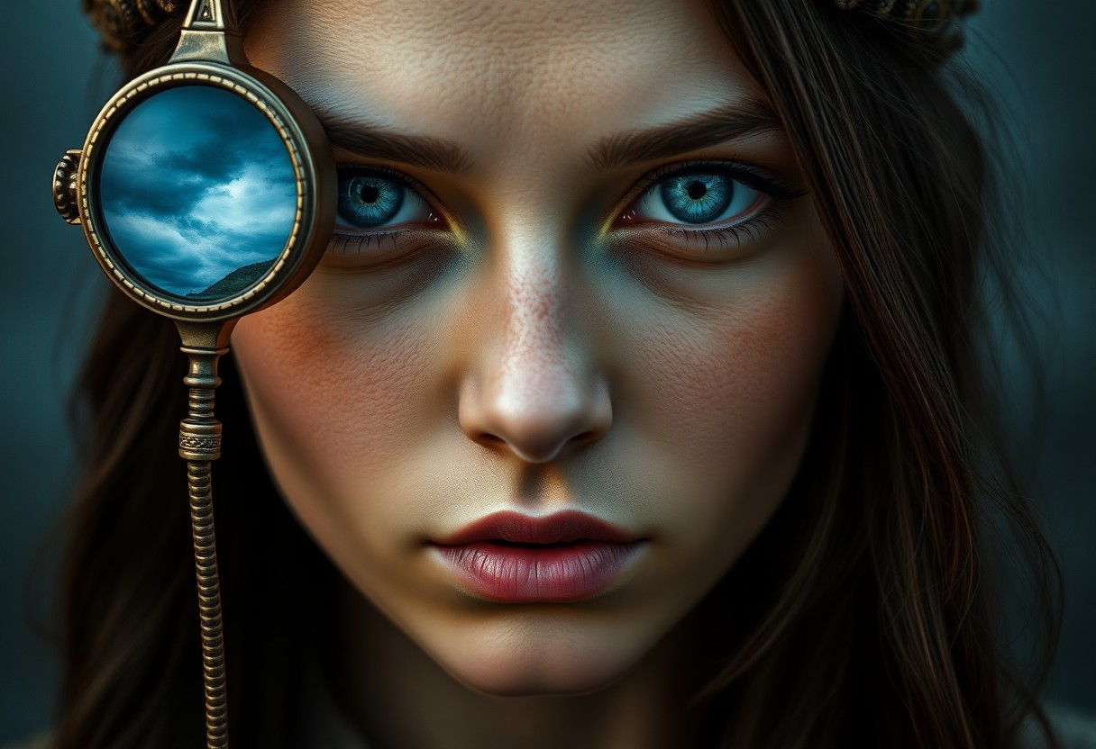 AI generated art for prompt: Create an image of an enigmatic young Celtic woman with placid blue eyes in a close-up portrait. Det