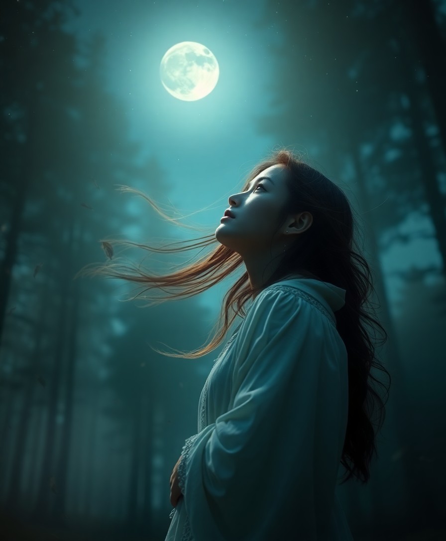 AI generated art for prompt: In this dreamy digital art portrait, a young Andean woman stands in a moonlit forest clearing, her e