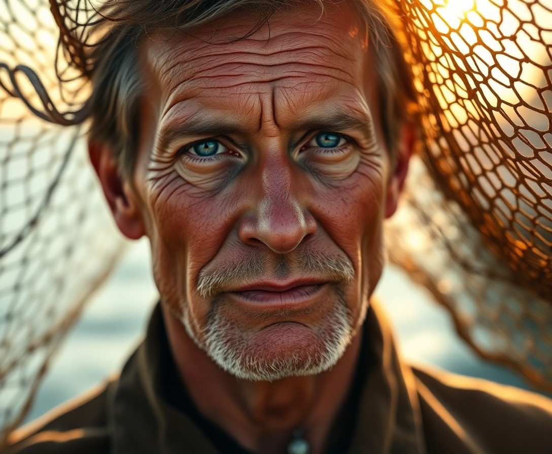 AI generated art for prompt: A portrait photograph captures a weathered fisherman, his sun-etched skin and gentle blue eyes bathe