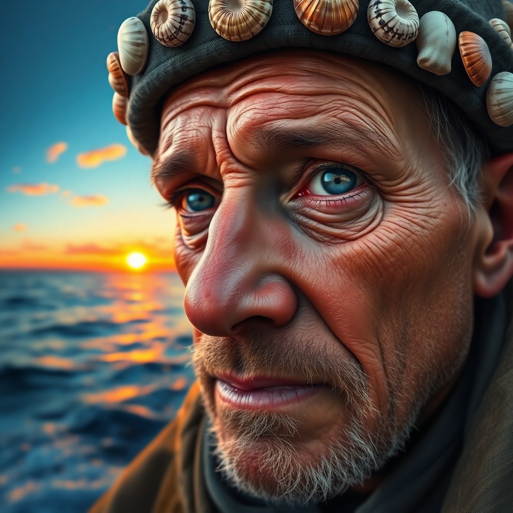 AI generated art for prompt: Craft a hyper-detailed digital painting portrait capturing a close-up of a weathered fisherman with 