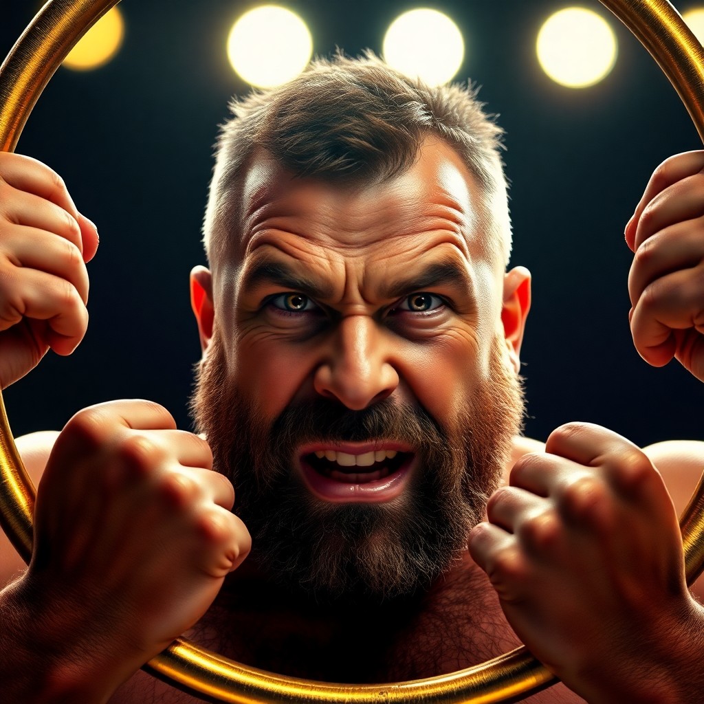 AI generated art for prompt: A super-realistic portrait captures a charismatic circus strongman with rugged, chiseled features an