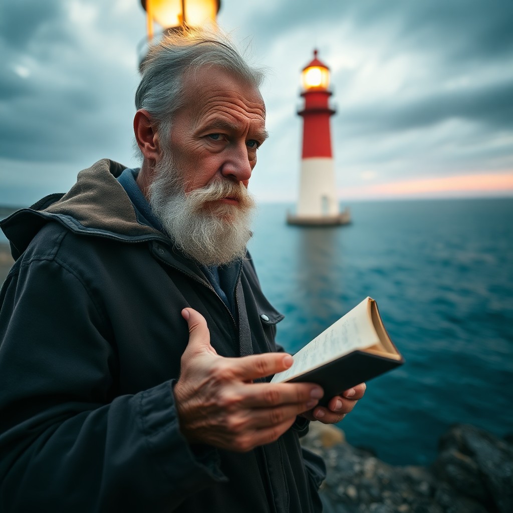 AI generated art for prompt: Craft a hyperrealistic portrait of an aged lighthouse keeper, his rugged features etched by years at