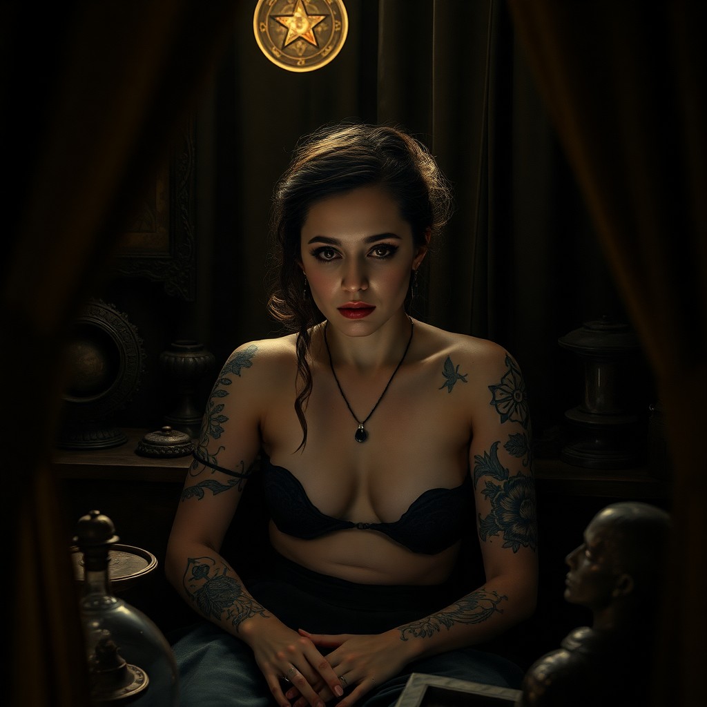 AI generated art for prompt: Create a captivating environmental portrait of an unadorned fortune teller with intricate tattoos ad