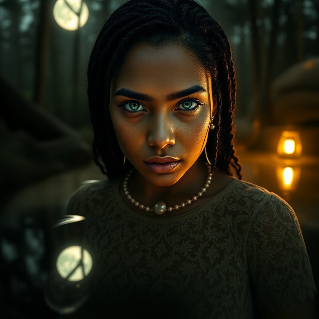 AI generated art for prompt: A hauntingly beautiful portrait of an enigmatic Melanesian woman with piercing emerald eyes captures