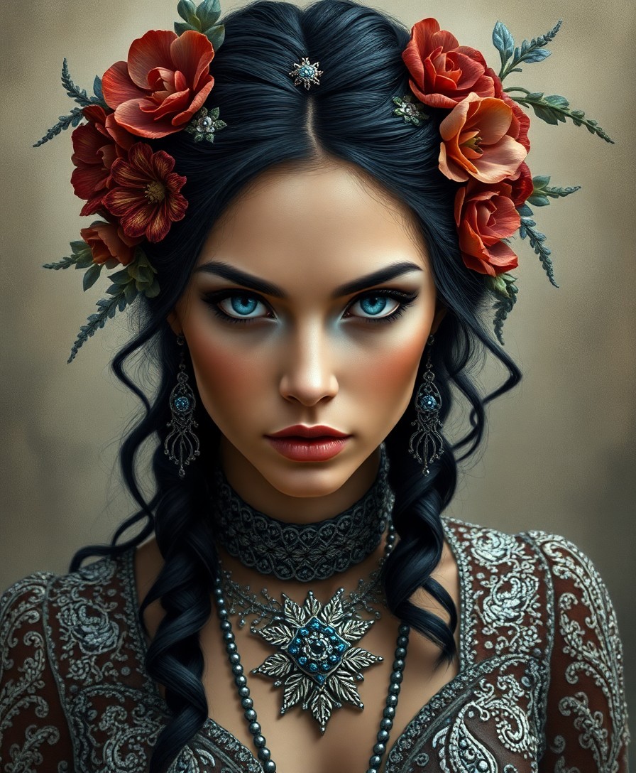 AI generated art for prompt: Create a captivating Renaissance-style oil painting portrait of an enigmatic Amazonian woman. The wo