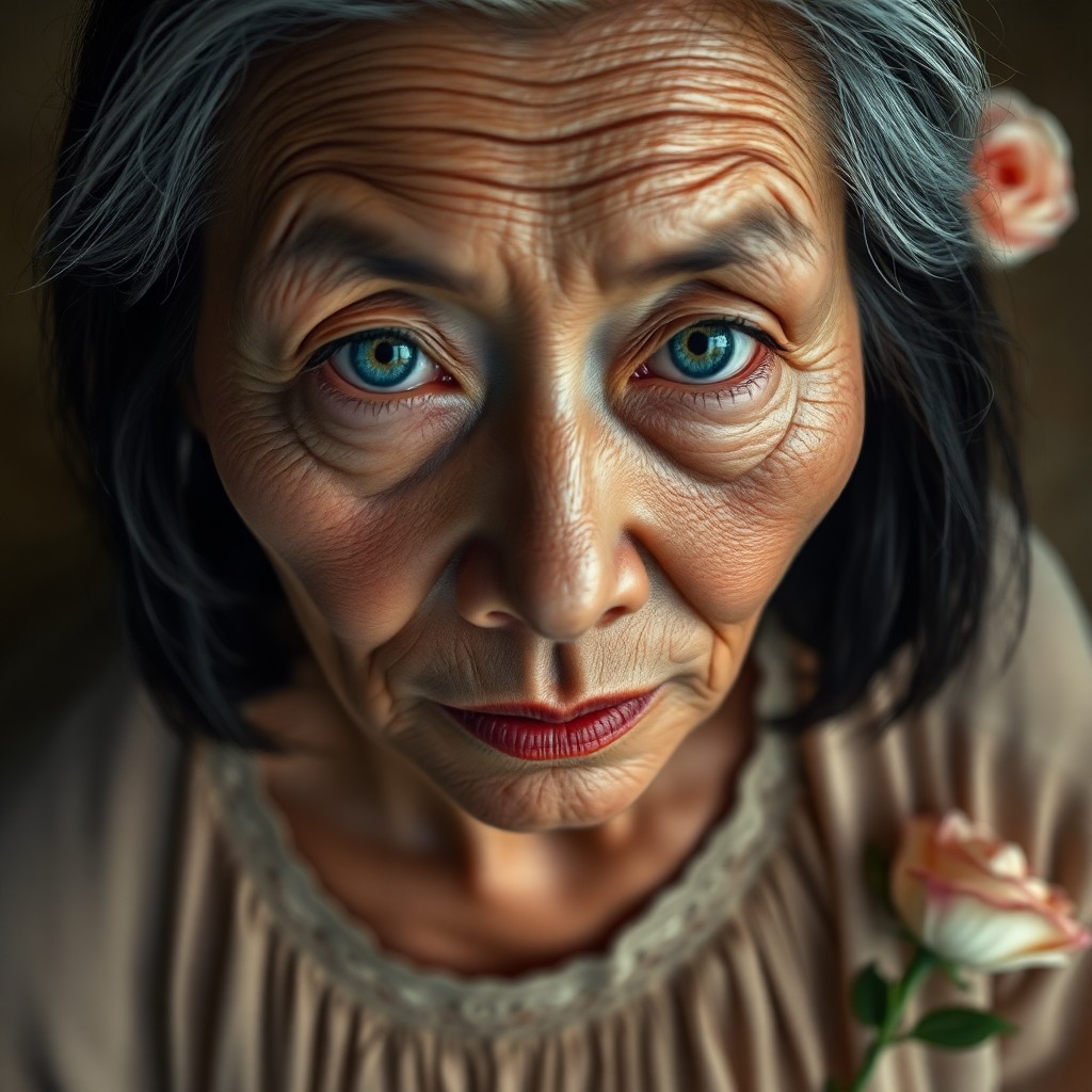 AI generated art for prompt: Envision a super-realistic bird's eye view portrait of an elderly East Asian woman with a weathered 