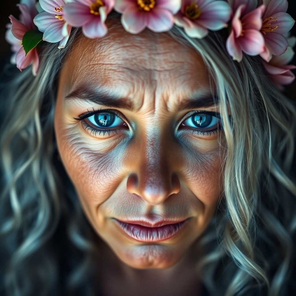 AI generated art for prompt: A close-up portrait of a Melanesian woman of enigmatic beauty. Her tranquil blue eyes, framed by lon