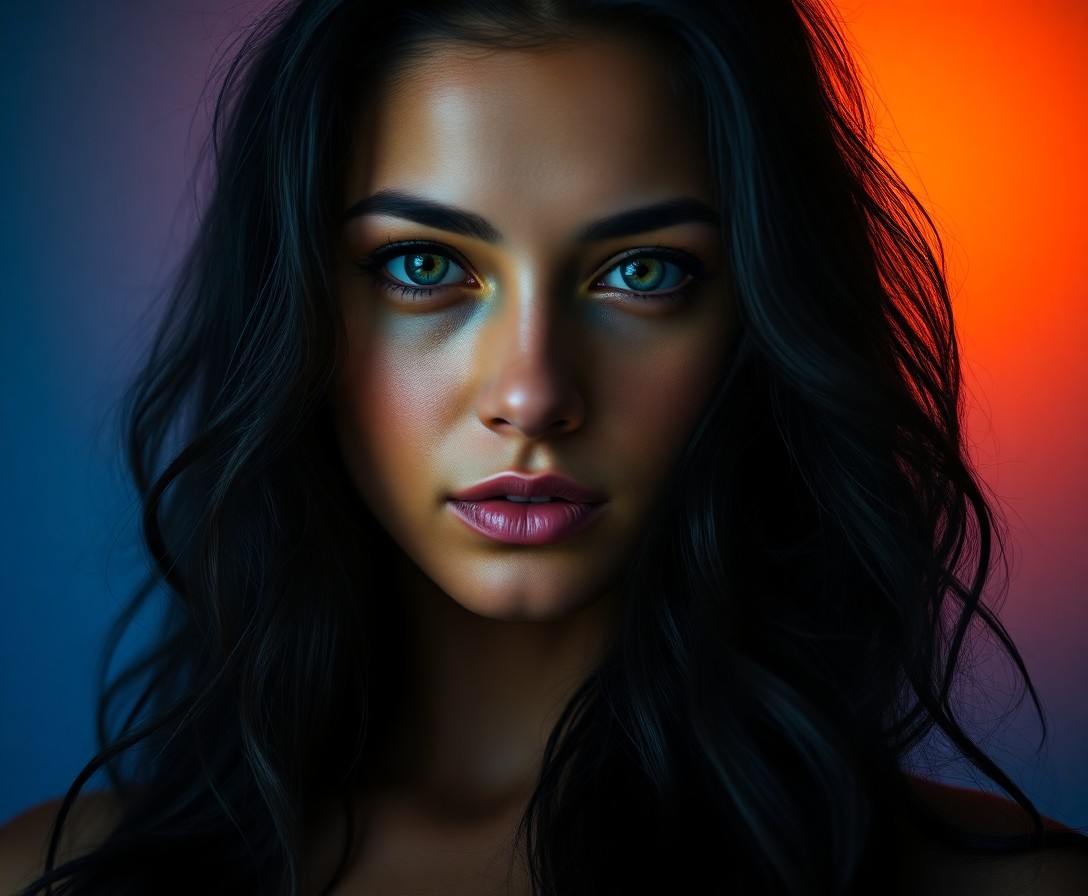 AI generated art for prompt: This ultrarealistic portrait captures the captivating essence of a female subject with dark, wavy ha