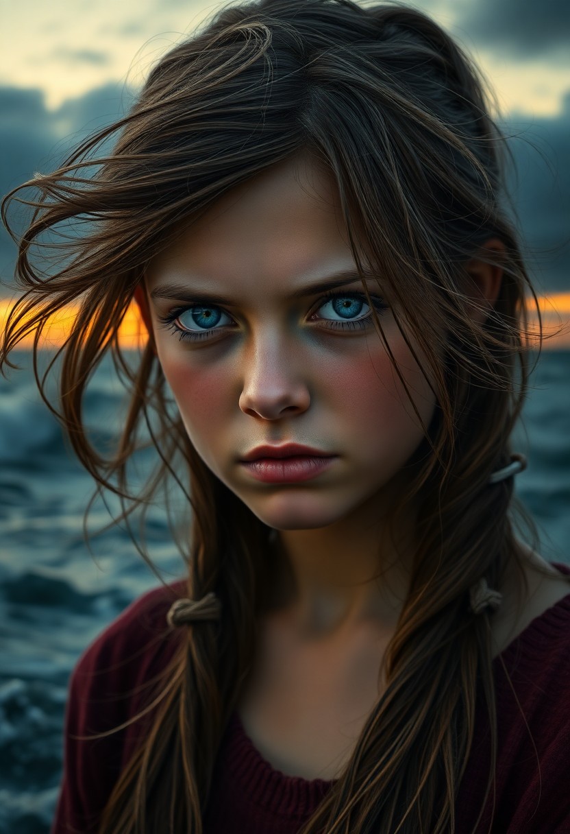 AI generated art for prompt: A hyper-realistic portrait of a girl with furrowed brows and wistful blue eyes captures a complex mi