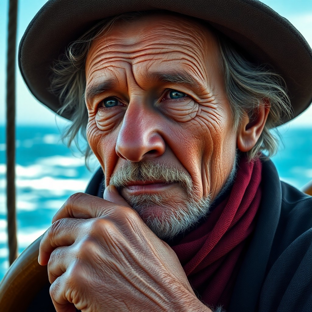 AI generated art for prompt: Craft a highly detailed photorealistic portrait of an aged fisherman with sun-kissed hair and rugged