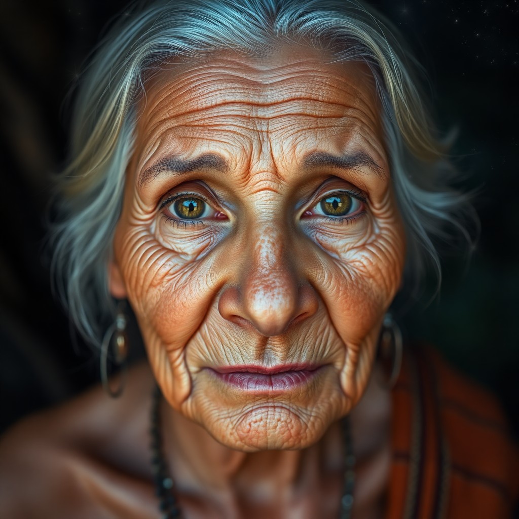 AI generated art for prompt: Imagine a hyperrealistic portrait of an elderly Amazonian woman, capturing the intricate details of 