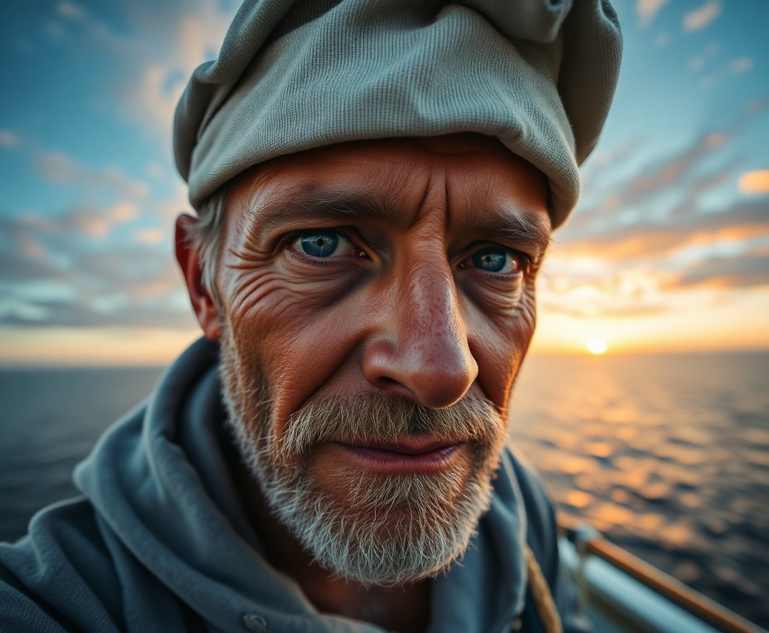 AI generated art for prompt: A captivating ultrarealistic portrait of an experienced sailor, his face rugged yet kind, with blue 