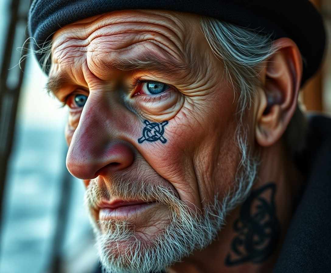 AI generated art for prompt: Create a photorealistic portrait of an elderly sailor with unfocused blue eyes, his face weathered b