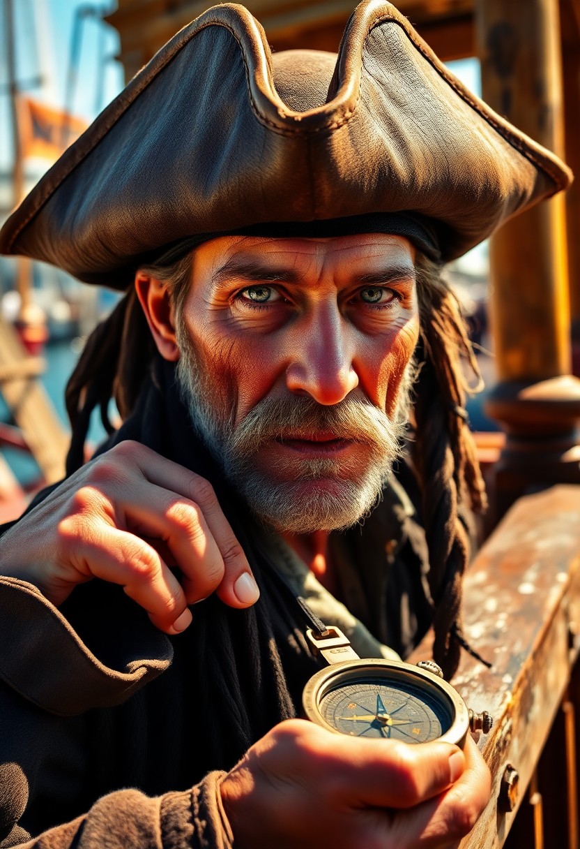 AI generated art for prompt: Envision a meticulously detailed portrait photograph of an aged pirate captain, captured with an iPh