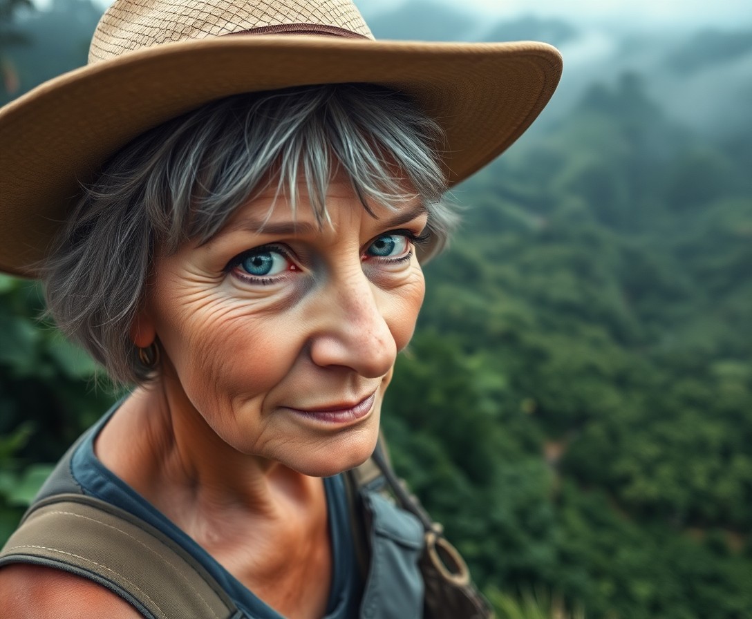 AI generated art for prompt: Imagine a portrait of a seasoned explorer, a woman in her late 50s, with weathered skin, vibrant blu