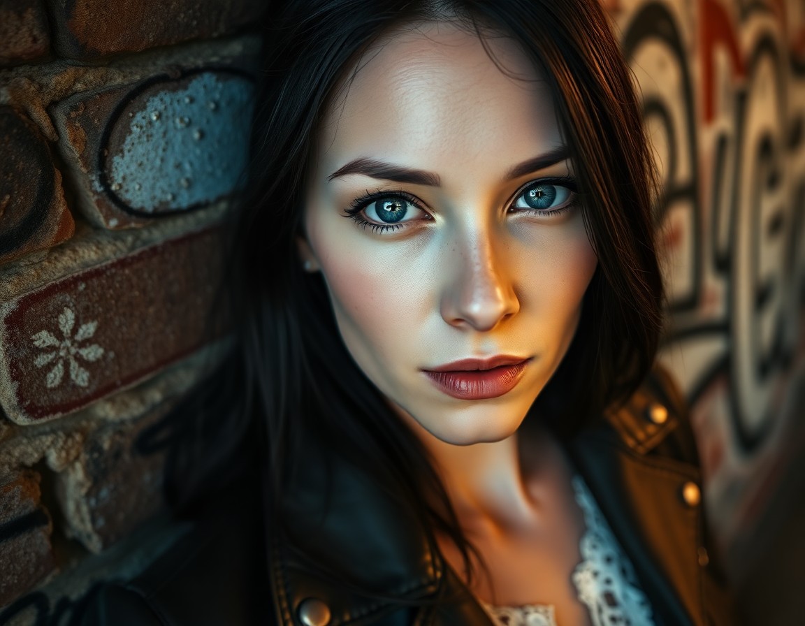 AI generated art for prompt: A portrait photograph captures the enigmatic gaze of a Nordic woman. Her docile blue eyes, framed by