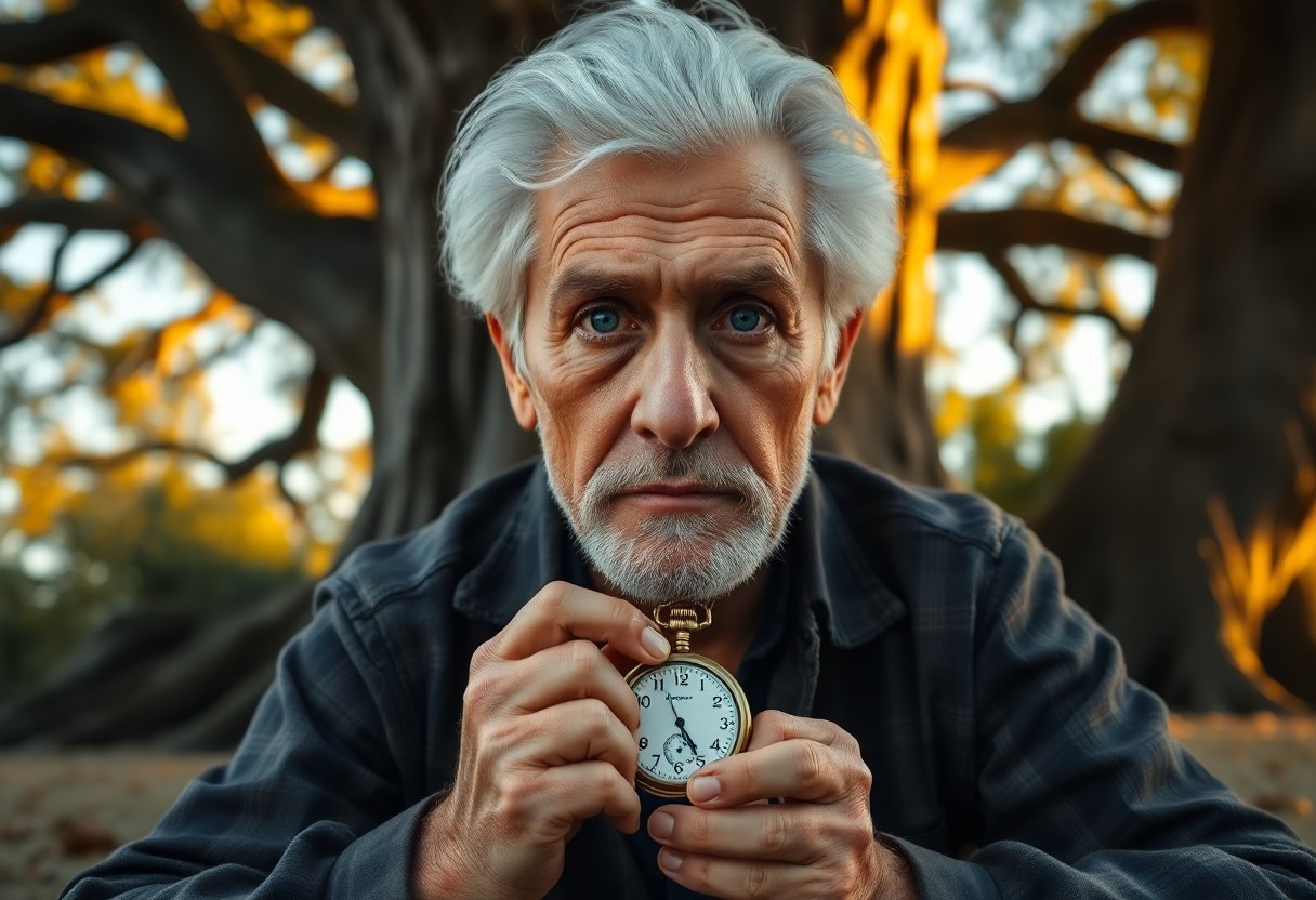 AI generated art for prompt: Create a hyperrealistic portrait of an aged Hispanic gentleman with piercing blue eyes and a full he