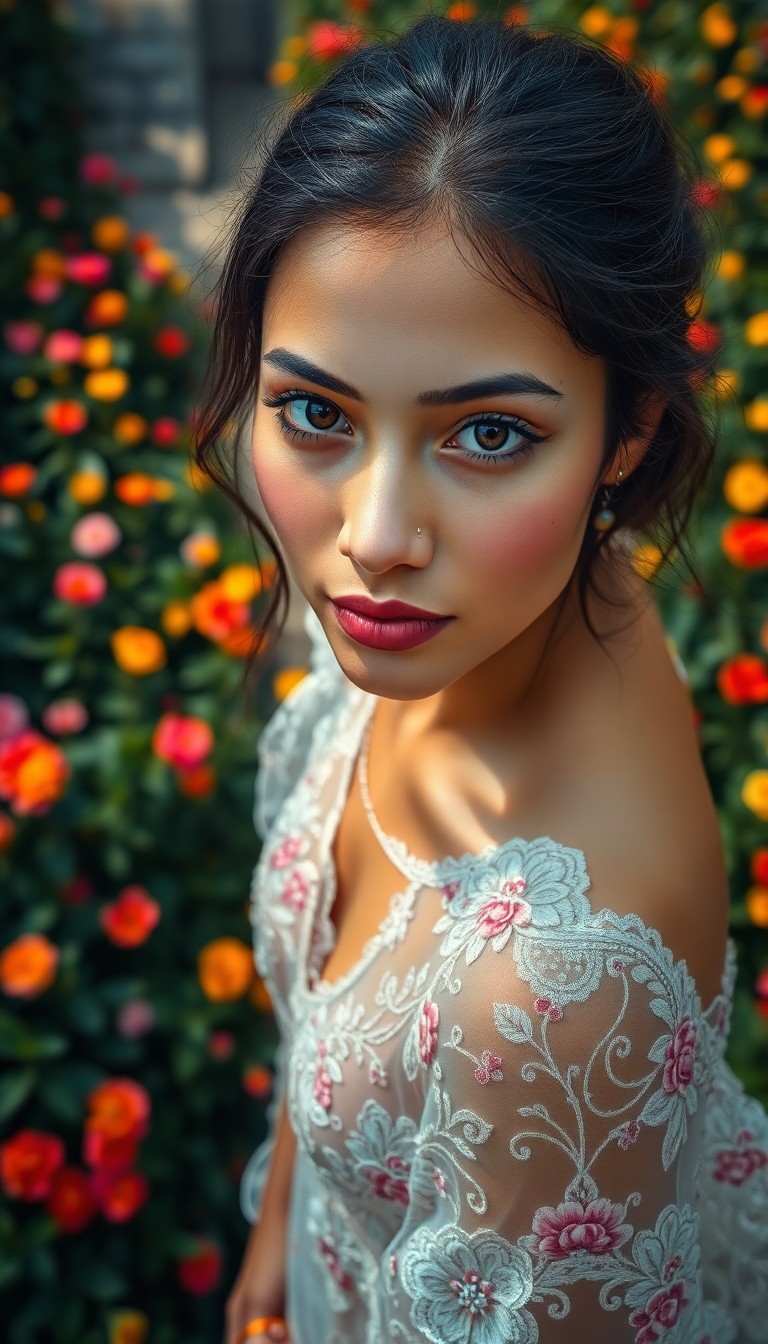 AI generated art for prompt: A highly realistic portrait of a tranquil young South Asian woman with porcelain skin and delicate f