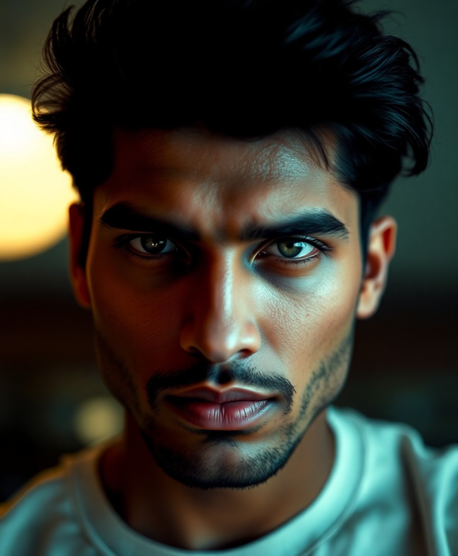 AI generated art for prompt: A close-up portrait of a South Asian man with unfocused green eyes and sharp cheekbones, lit by a so