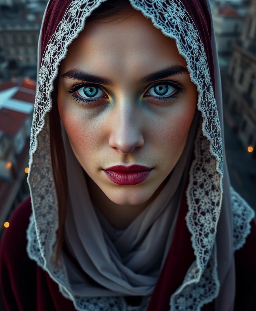 AI generated art for prompt: Create a photorealistic portrait of a mysterious Middle Eastern woman with timid blue eyes, full lip