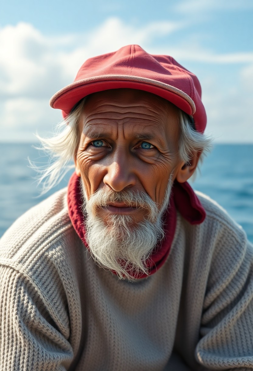 AI generated art for prompt: A hyperrealistic portrait of an old-school Melanesian fisherman sitting at the edge of a vast, seren