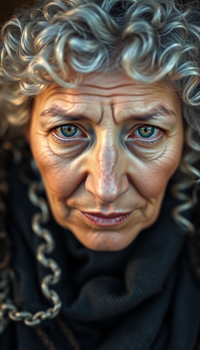 AI generated art for prompt: A highly realistic portrait of a middle-aged Inuit woman with curly silver hair and wistful green ey