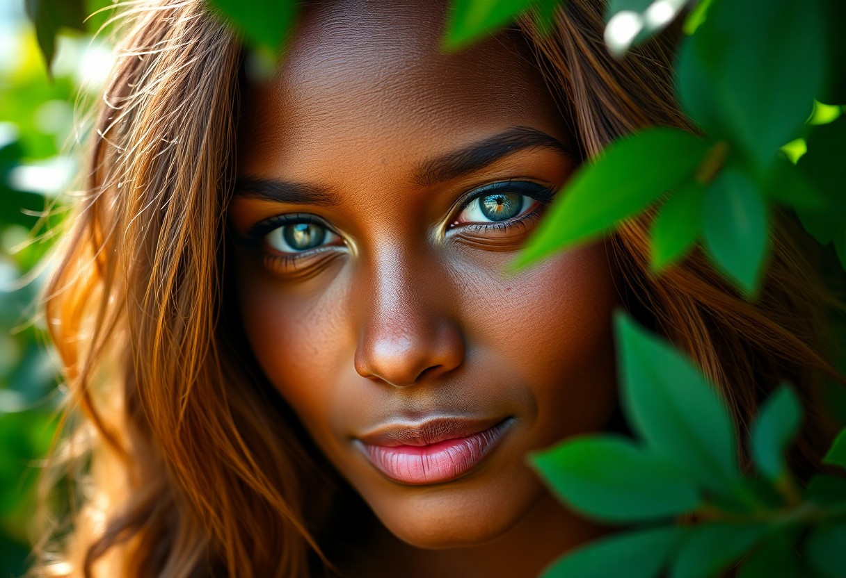 AI generated art for prompt: The portrait captures an enigmatic African woman with piercing emerald eyes and tanned skin. Her exp