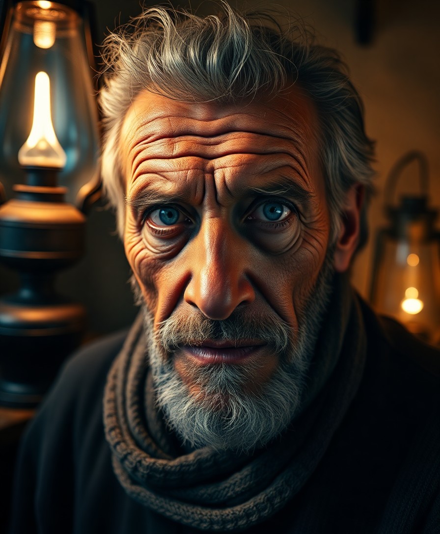 AI generated art for prompt: Imagine a super-realistic portrait of an elderly Mediterranean man with enigmatic blue eyes and rugg