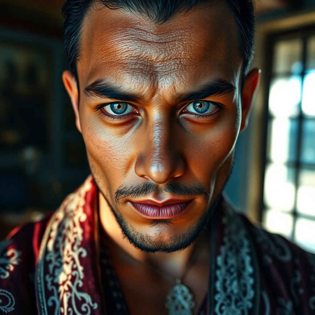 AI generated art for prompt: Capture a detailed close-up of a Polynesian man with kind blue eyes and intricately sculpted facial 